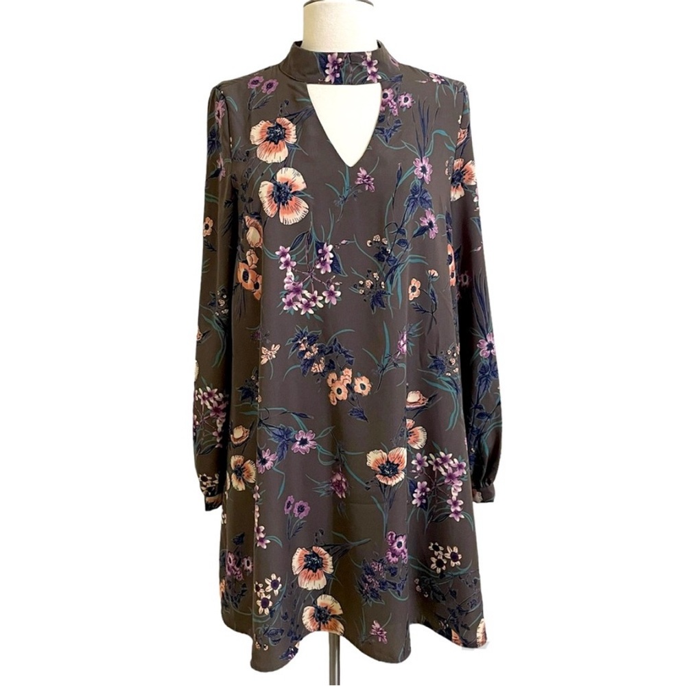 ALTAR’D STATE Gray Floral Print Long Sleeve Choker Shift Dress Size Small